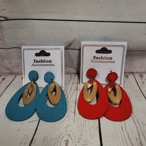 2 pair Fashion accessories turquoise & red  wood & goldstone earrings